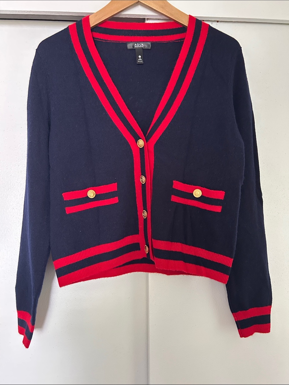 Bloomingdale’s Aqua Cashmere Navy Cardigan with Red Stripe Trim and Gold Buttons
